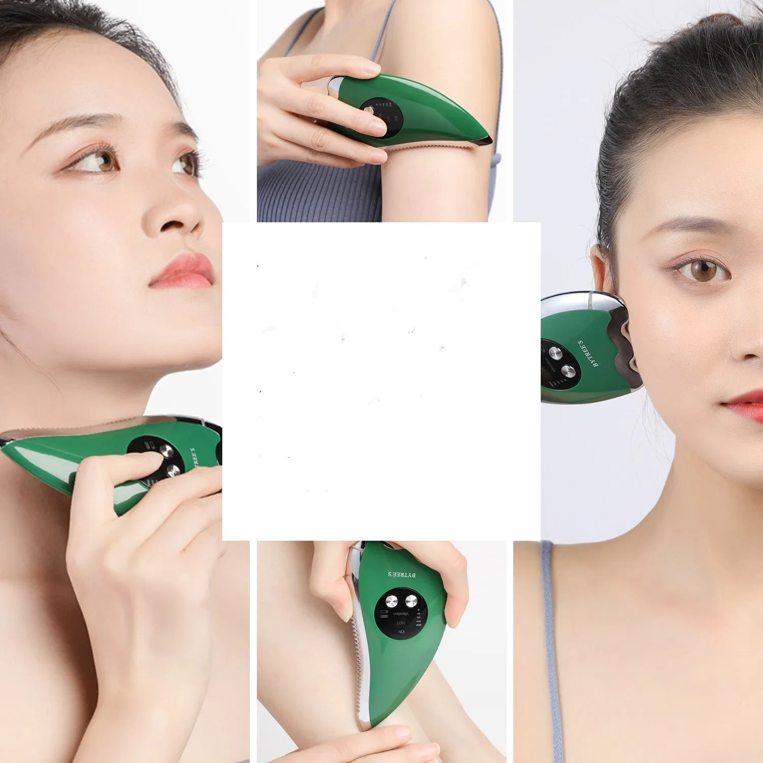 Green plastic and metal facial beauty instrument with three mode buttons and USB cable
