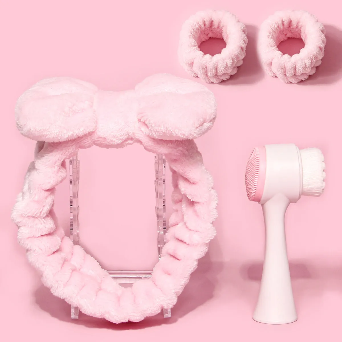 Facial brush three-piece set with coral fleece hair band, nylon brush, and face wash accessories