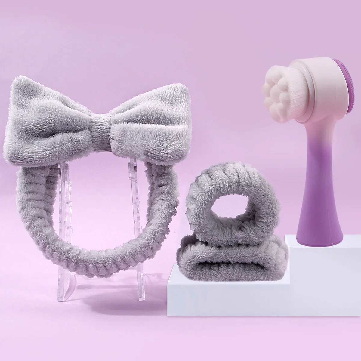Facial brush three-piece set with coral fleece hair band, nylon brush, and face wash accessories