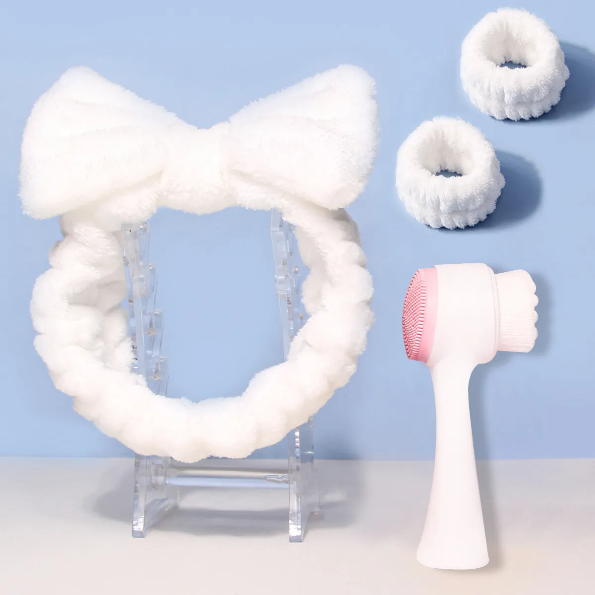 Facial brush three-piece set with coral fleece hair band, nylon brush, and face wash accessories