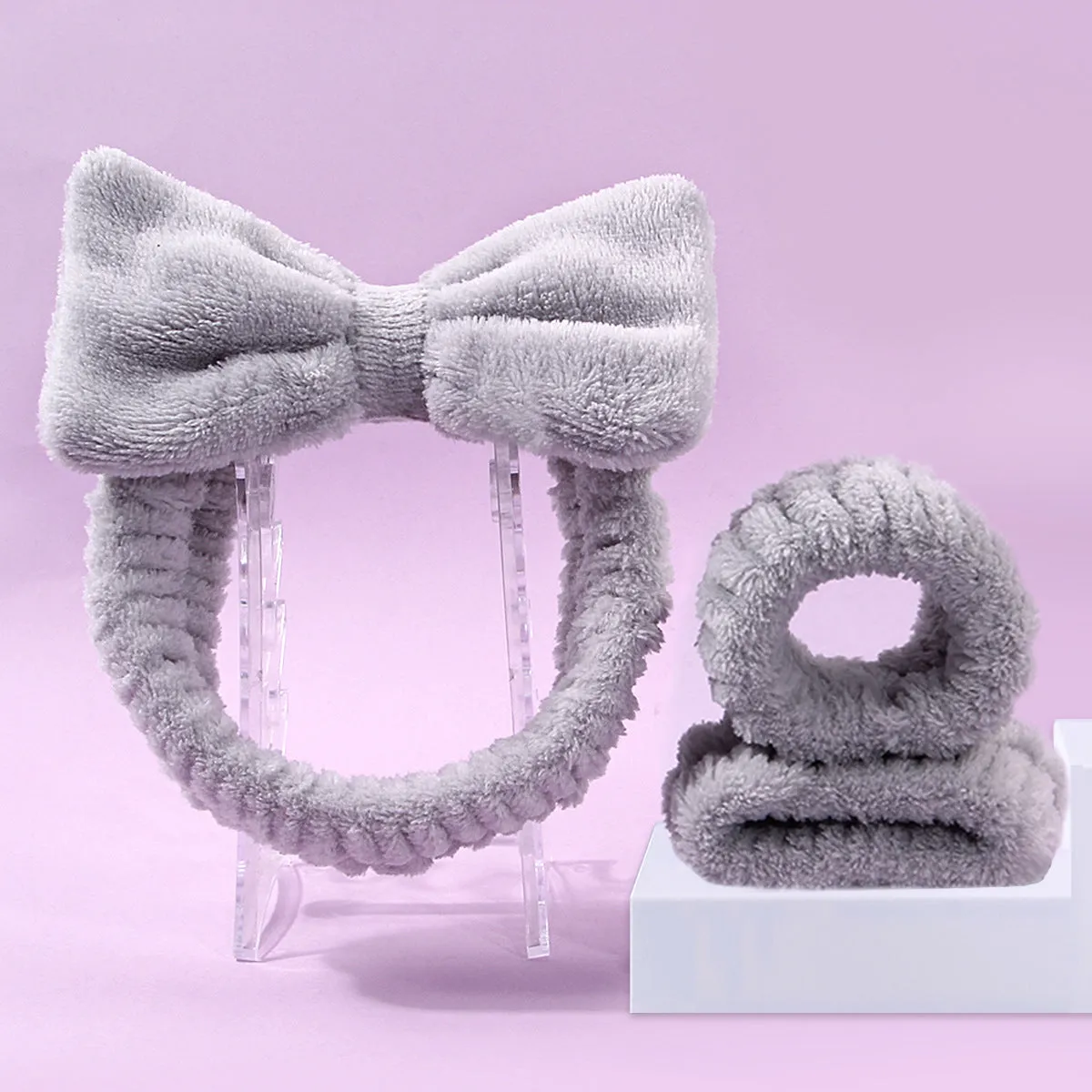 Facial brush three-piece set with coral fleece hair band, nylon brush, and face wash accessories