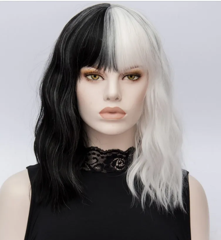 Women's short black and white straight synthetic wig with Qi bangs for cosplay Halloween