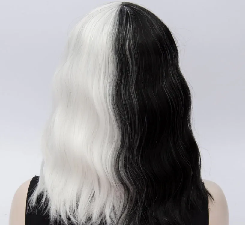 Women's short black and white straight synthetic wig with Qi bangs for cosplay Halloween