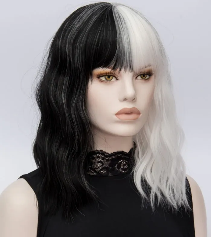 Women's short black and white straight synthetic wig with Qi bangs for cosplay Halloween