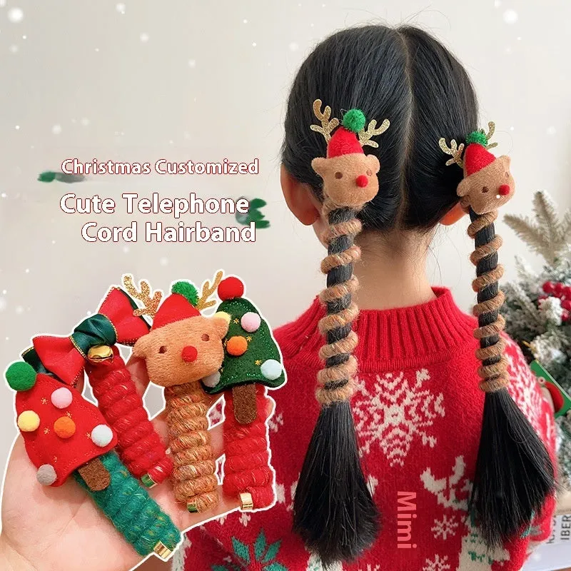 Children Christmas hair ties with red bell, green tree, khaki elk, and red tree designs on a light background