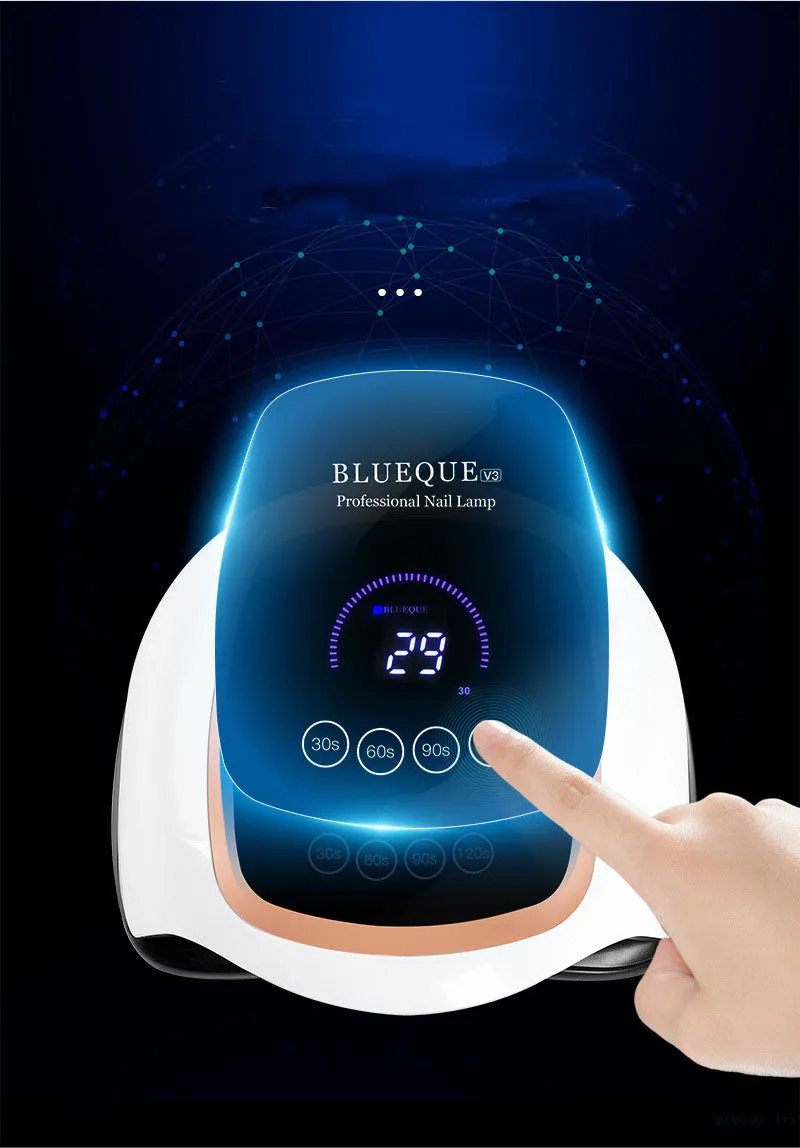 BLUEQUE V3 168W UV LED nail lamp with 42 gold wire beads, ABS plastic housing, compact 23.5cm x 20cm x 8cm