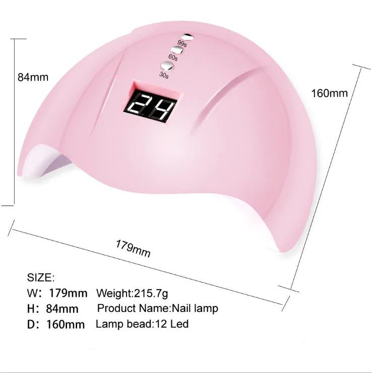 Intelligent induction nail lamp 36W with 12 LED beads, pink finish, showing auto-sensor curing chamber