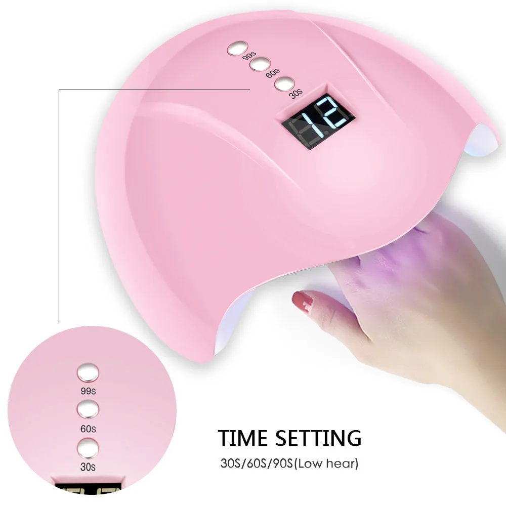 Intelligent induction nail lamp 36W with 12 LED beads, pink finish, showing auto-sensor curing chamber