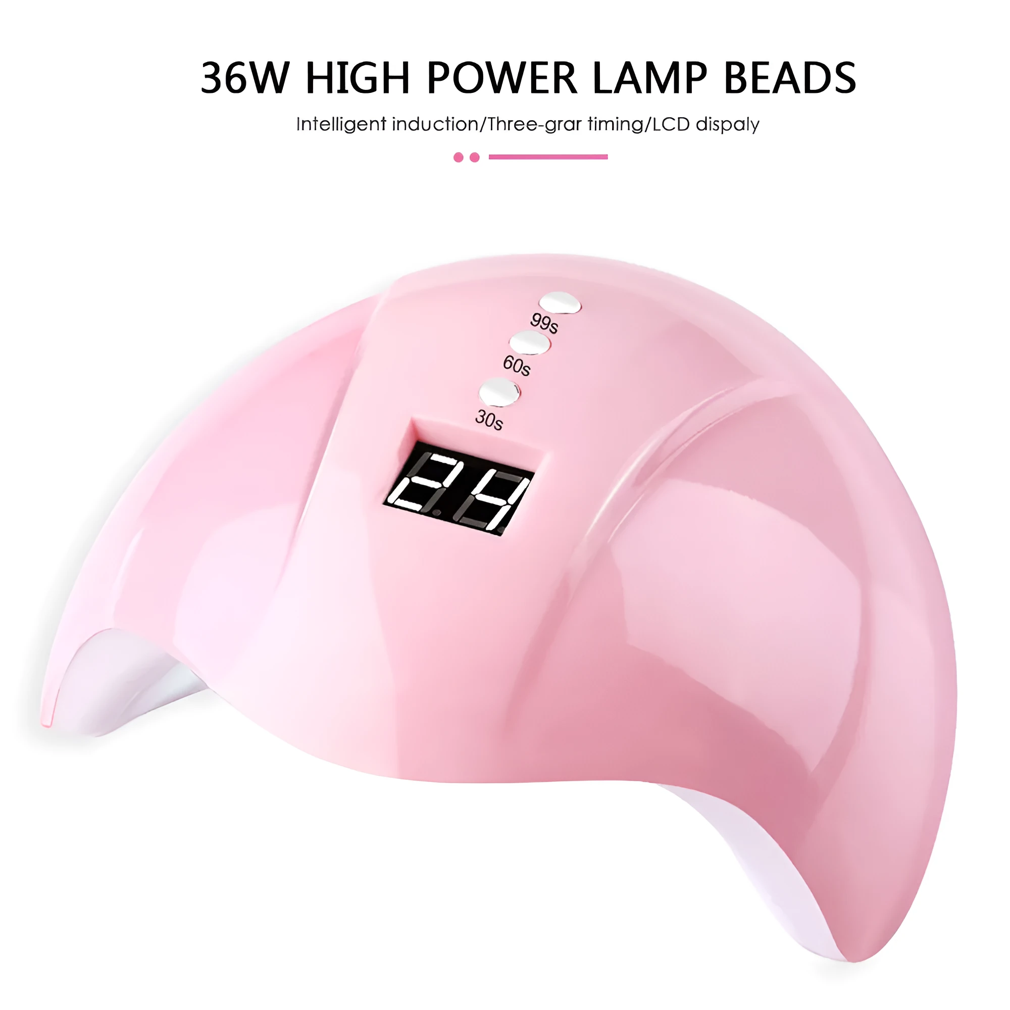 Intelligent induction nail lamp 36W with 12 LED beads, pink finish, showing auto-sensor curing chamber