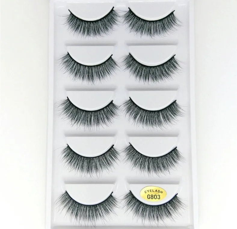 3D mink hair false eyelashes thick section cotton stem 5 pairs natural volume