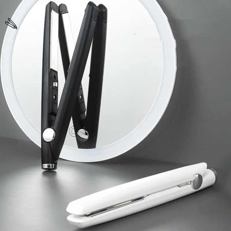 Mini USB hair curler and straightener dual-use 16W black on white background 2cm x 19cm