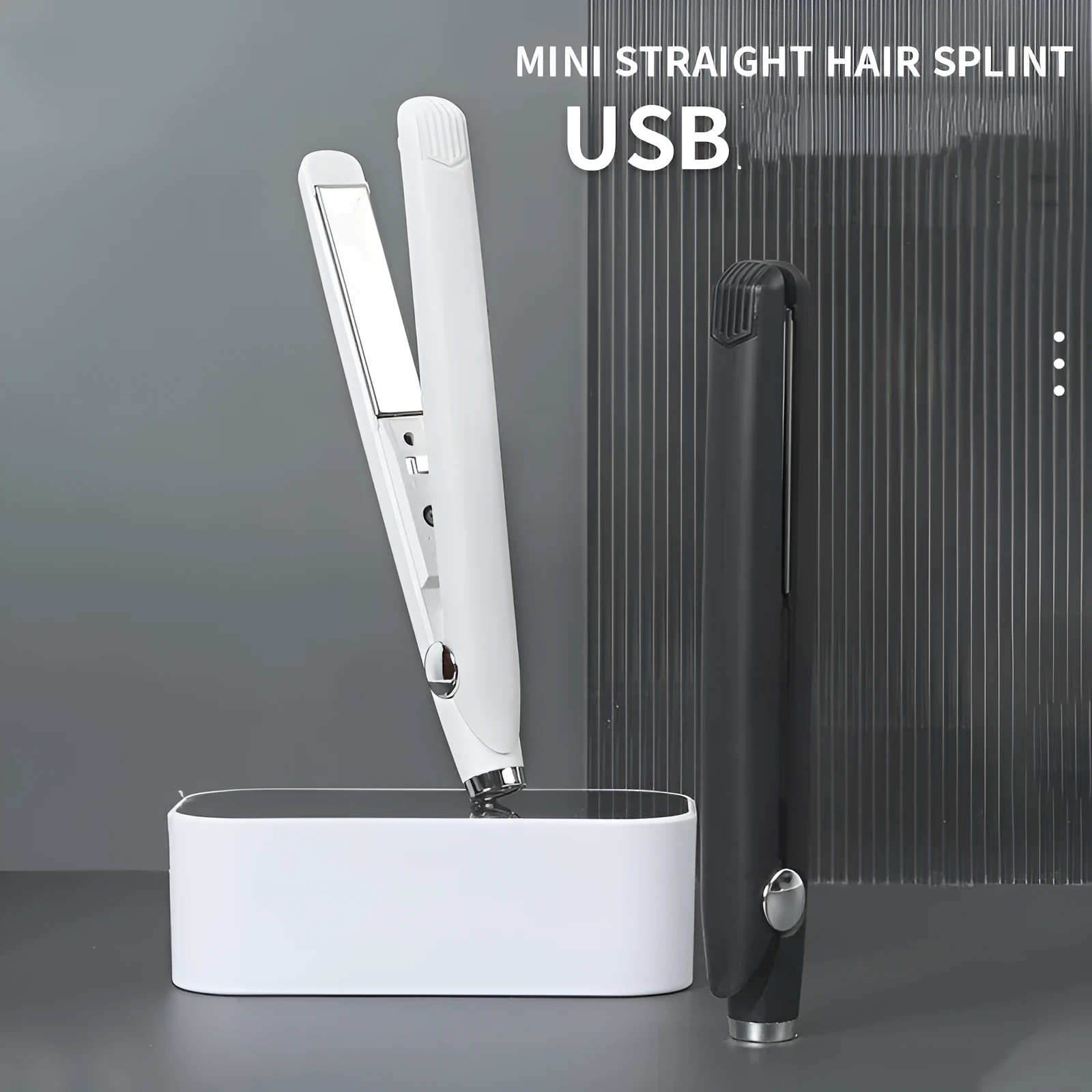 Mini USB hair curler and straightener dual-use 16W black on white background 2cm x 19cm