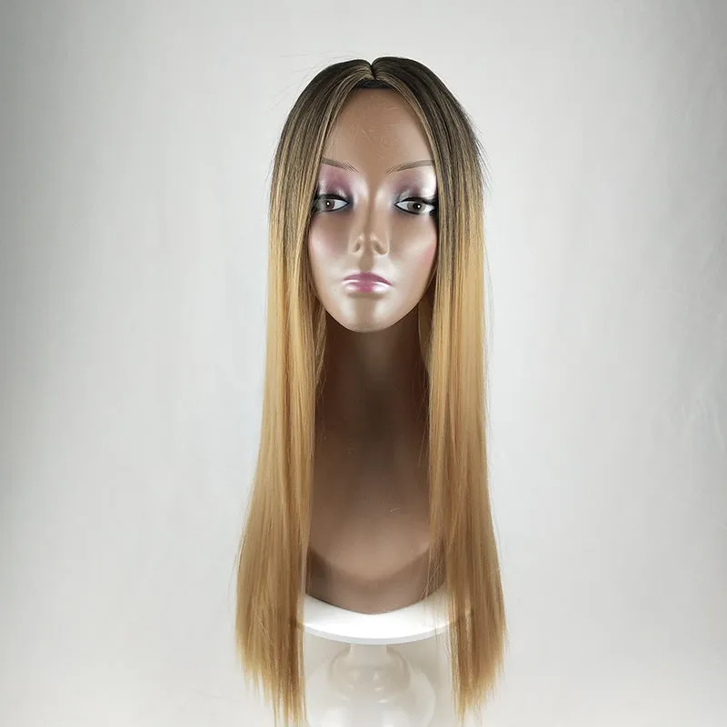 Long straight gradient fake hair wig with air bangs, high temperature silk, available in gradient colours
