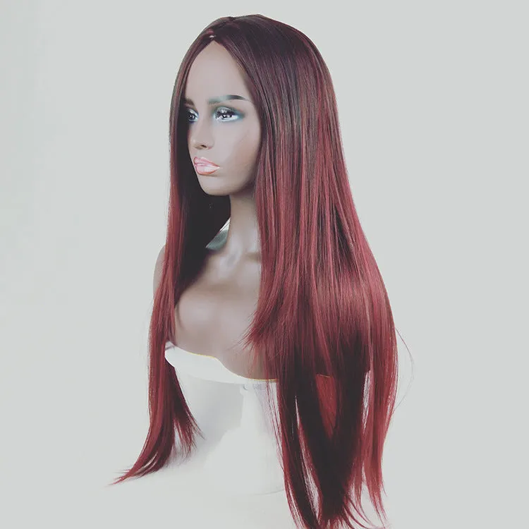 Long straight gradient fake hair wig with air bangs, high temperature silk, available in gradient colours