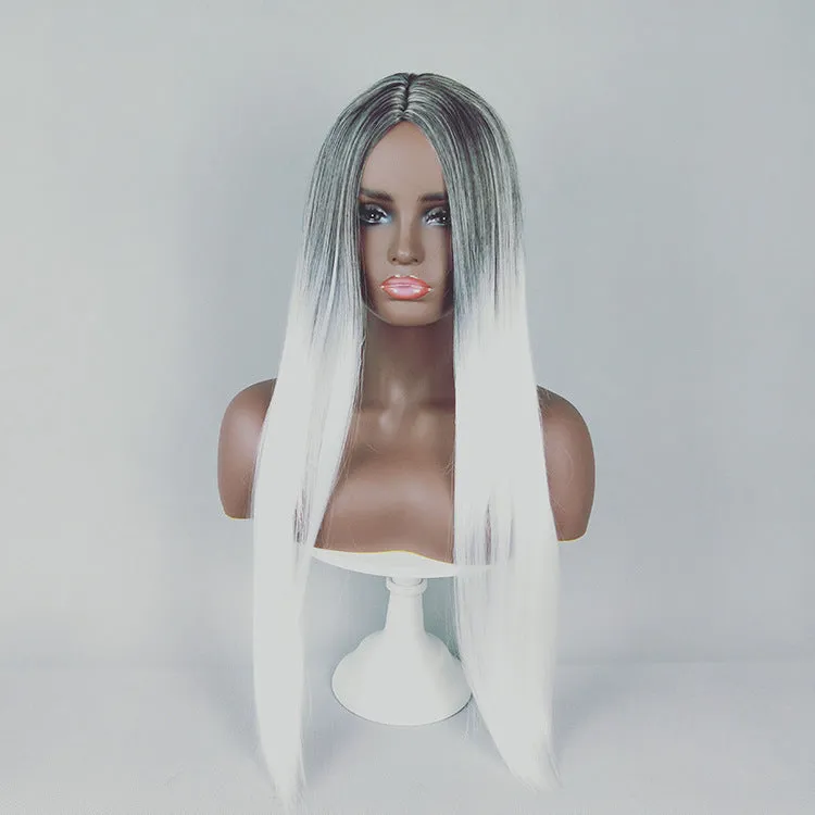 Long straight gradient fake hair wig with air bangs, high temperature silk, available in gradient colours