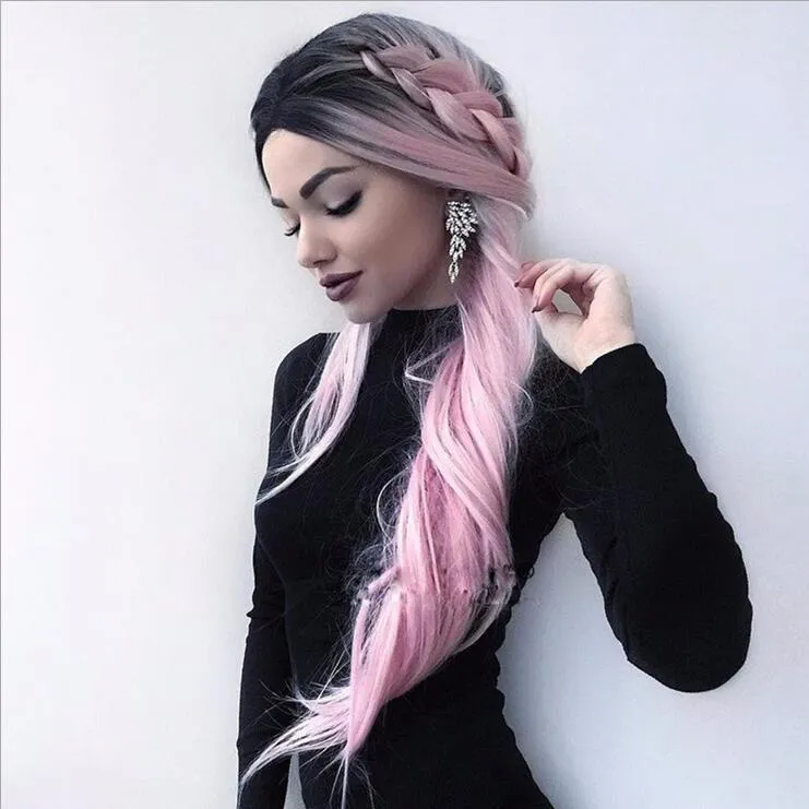 Long straight gradient fake hair wig with air bangs, high temperature silk, available in gradient colours