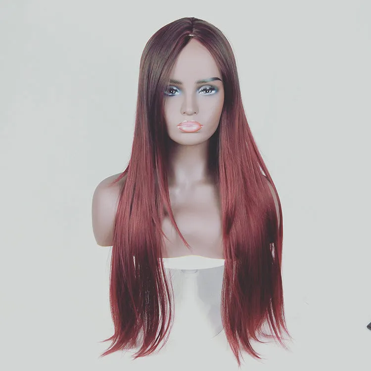 Long straight gradient fake hair wig with air bangs, high temperature silk, available in gradient colours