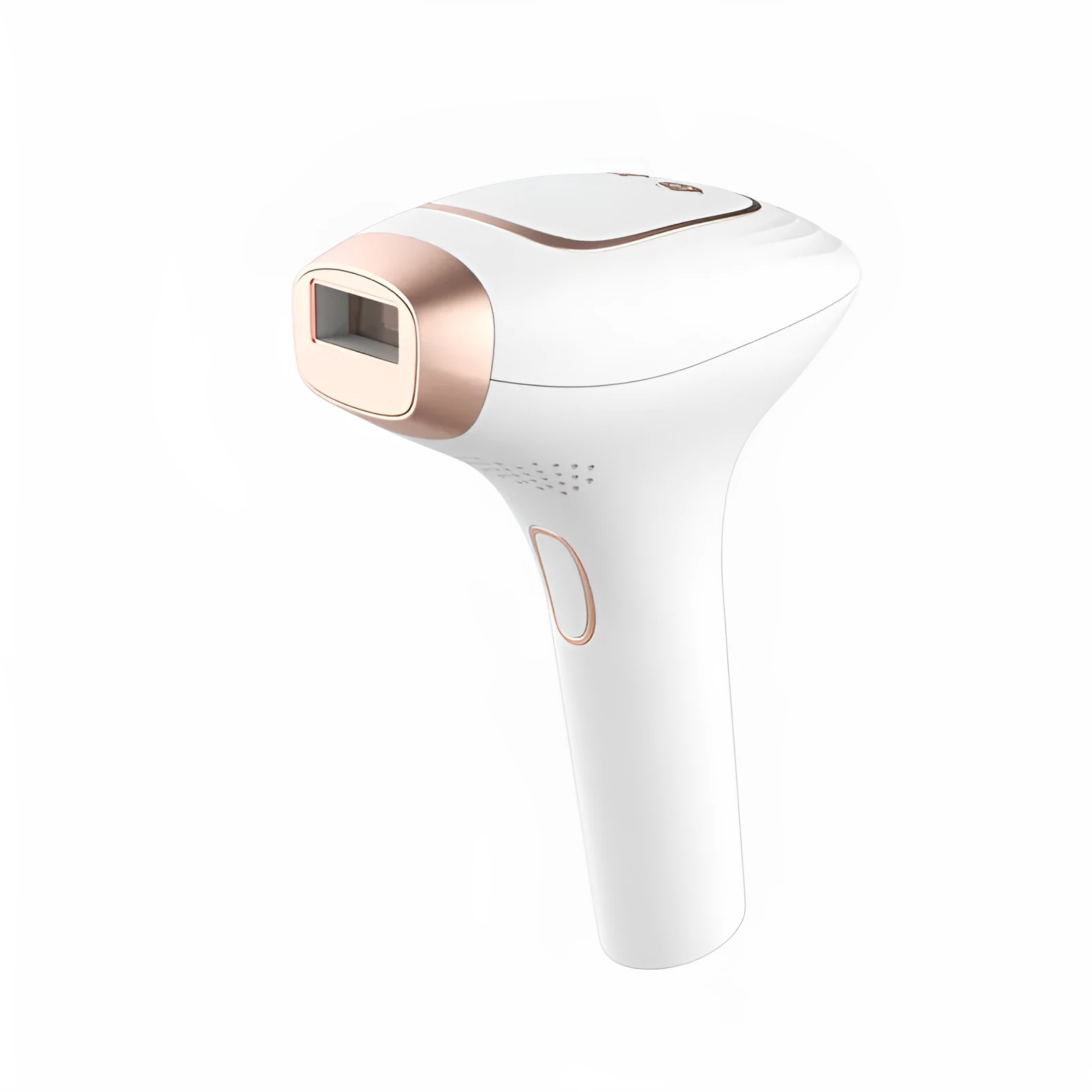 Pink and white three-in-one ice-sensing laser hair removal device with shaver attachment and accessories