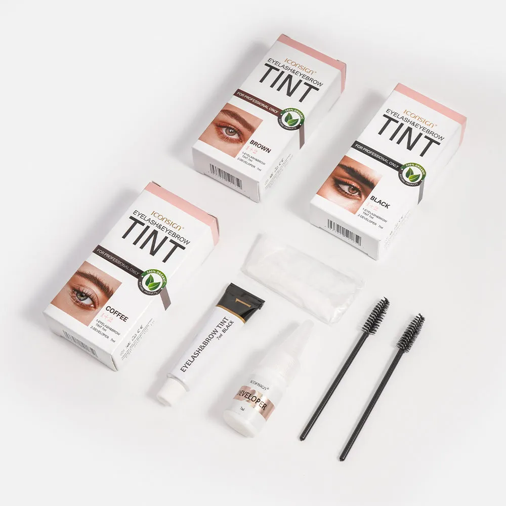 ICONSIGN eyelash and eyebrow dye tint kit with black coffee brown colour options and tools on white background