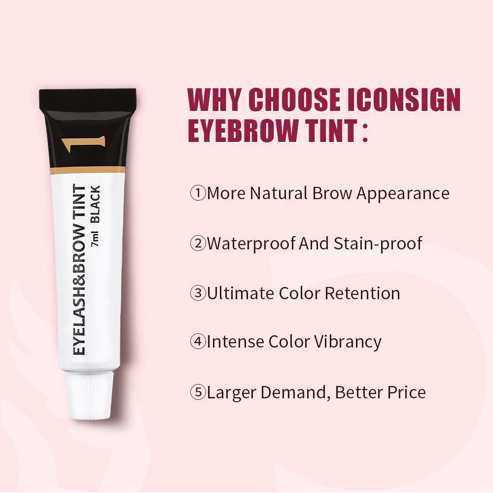 ICONSIGN eyelash and eyebrow dye tint kit with black coffee brown colour options and tools on white background