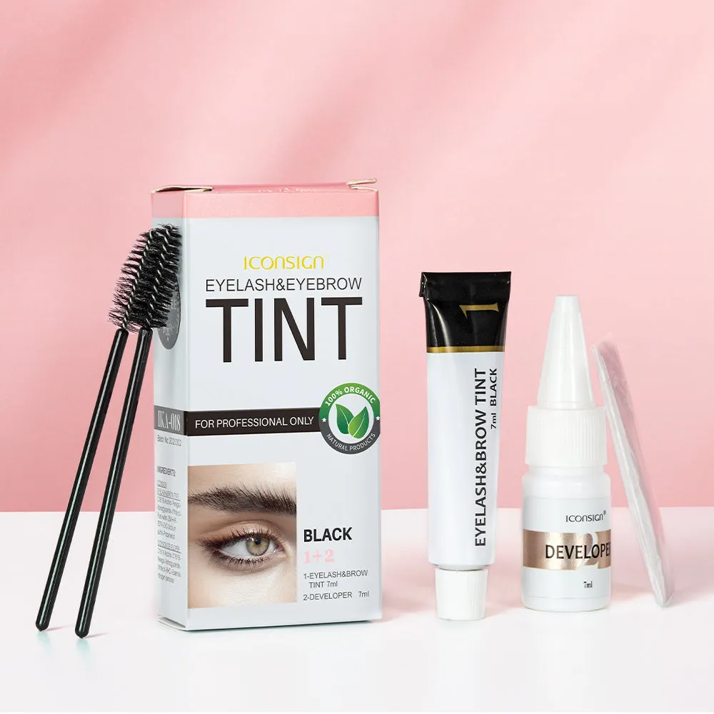 ICONSIGN eyelash and eyebrow dye tint kit with black coffee brown colour options and tools on white background