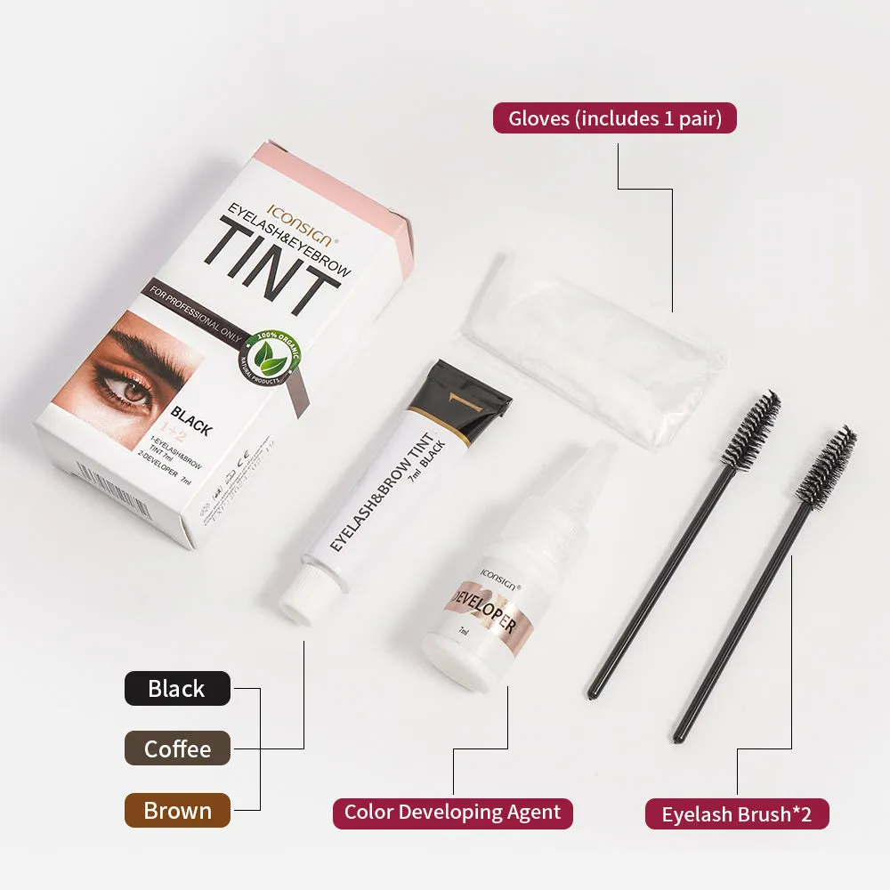 ICONSIGN eyelash and eyebrow dye tint kit with black coffee brown colour options and tools on white background
