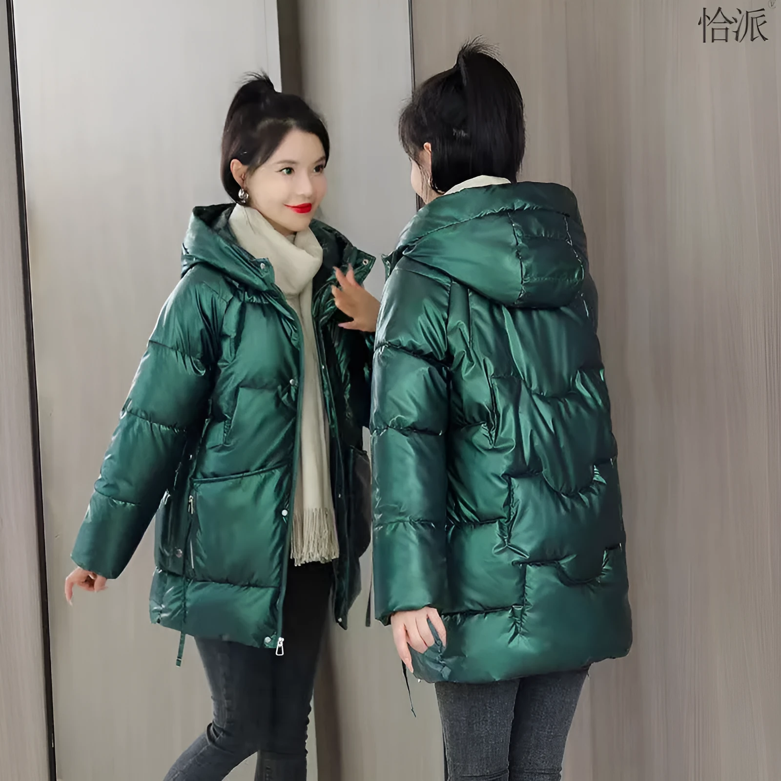 A woman's loose-fit hooded winter jacket in a thick fabric, shown in a choice of colours.
