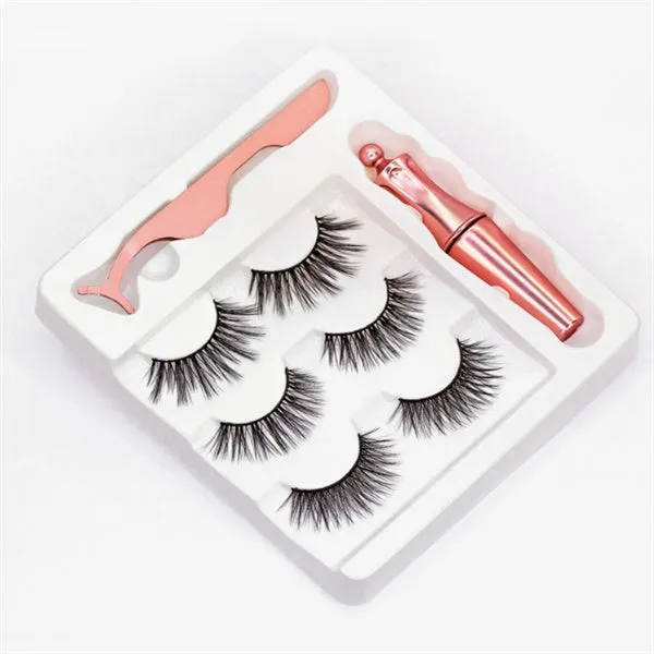 Magnetic eyeliner and false eyelash set with tweezer, waterproof, reusable, 0.2 mm silicone fibres, natural look