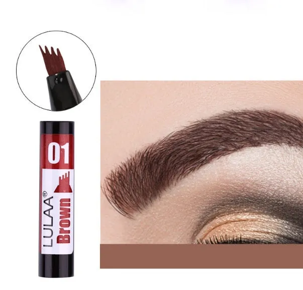 Liquid eyebrow pencil with black tube, four-claw pen head, and hard refill design in brown shade