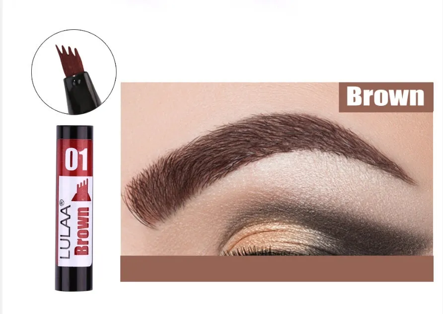 Liquid eyebrow pencil with black tube, four-claw pen head, and hard refill design in brown shade