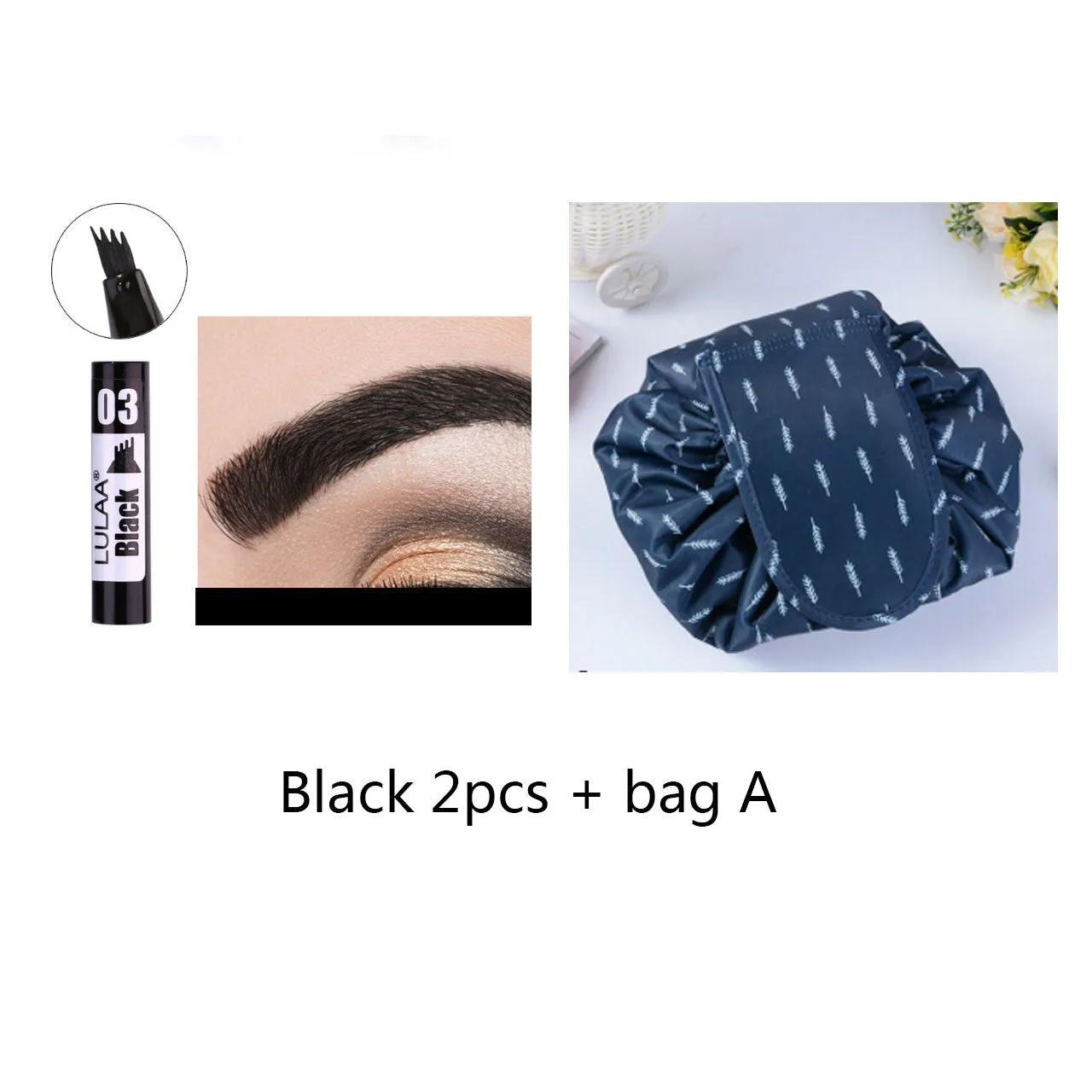 Liquid eyebrow pencil with black tube, four-claw pen head, and hard refill design in brown shade