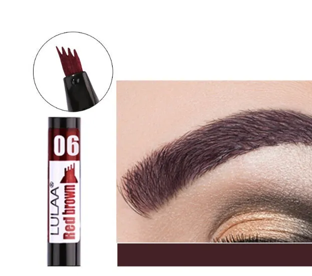 Liquid eyebrow pencil with black tube, four-claw pen head, and hard refill design in brown shade