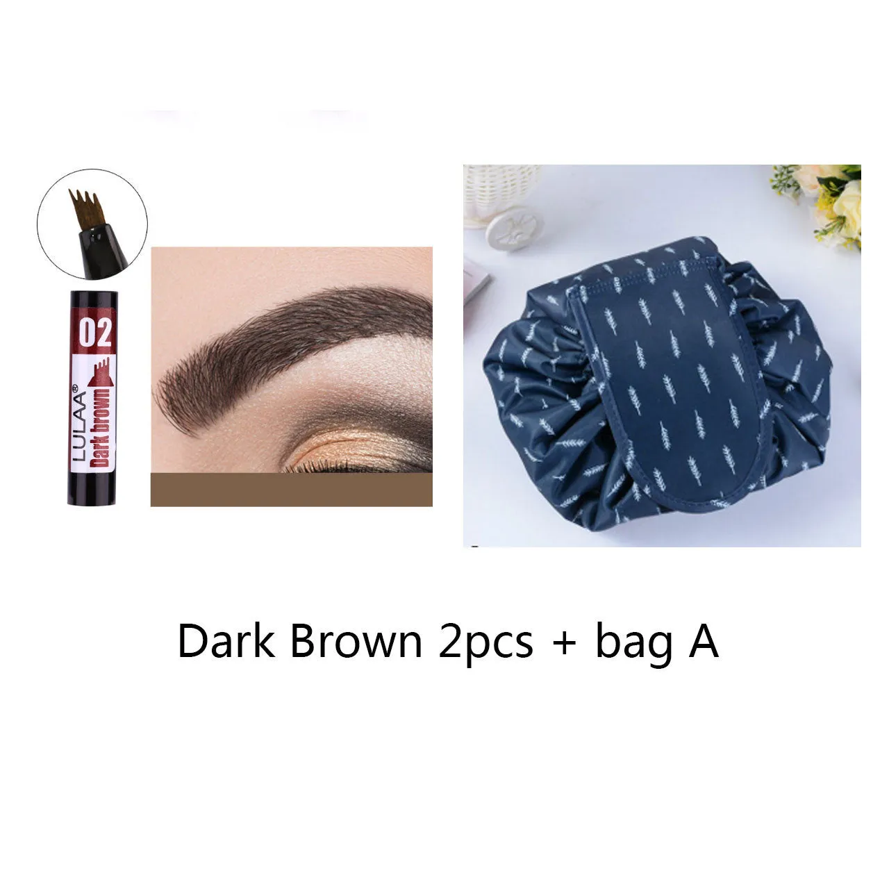 Liquid eyebrow pencil with black tube, four-claw pen head, and hard refill design in brown shade