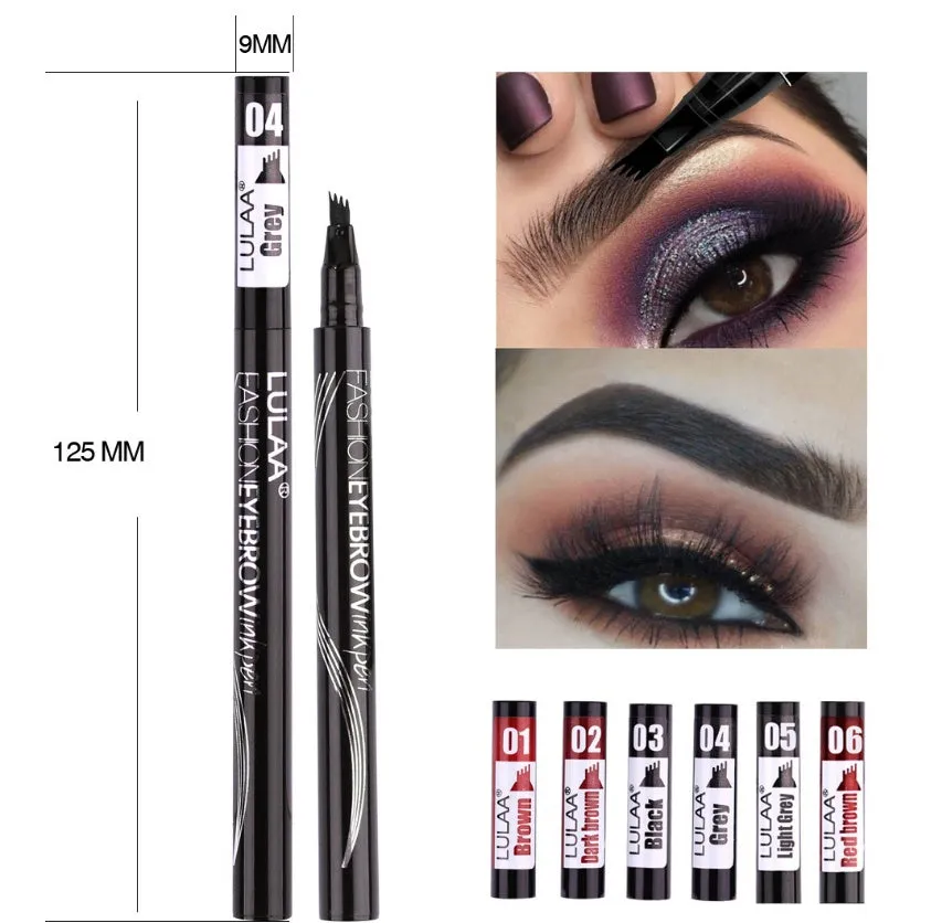 Liquid eyebrow pencil with black tube, four-claw pen head, and hard refill design in brown shade
