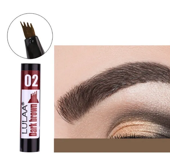 Liquid eyebrow pencil with black tube, four-claw pen head, and hard refill design in brown shade
