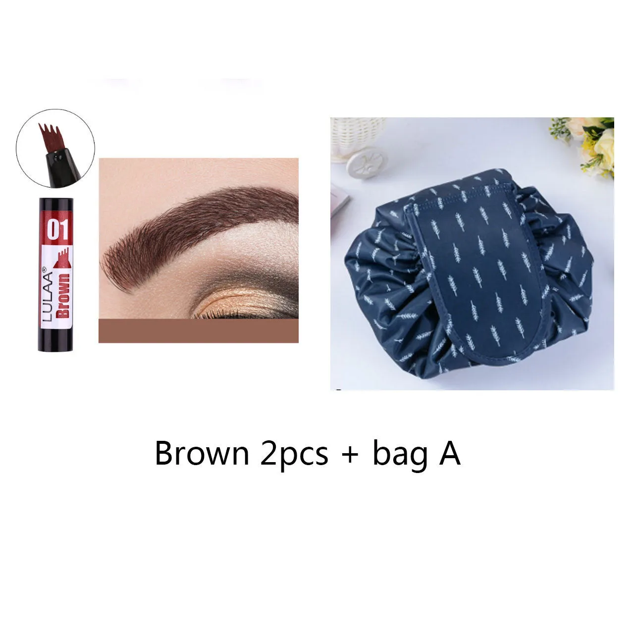 Liquid eyebrow pencil with black tube, four-claw pen head, and hard refill design in brown shade