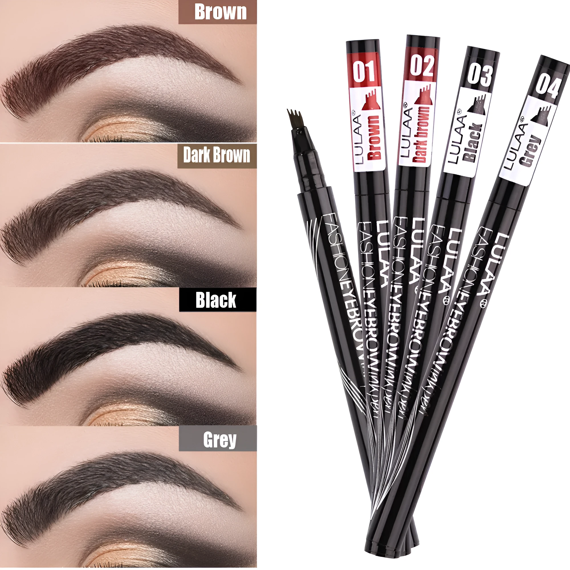 Liquid eyebrow pencil with black tube, four-claw pen head, and hard refill design in brown shade