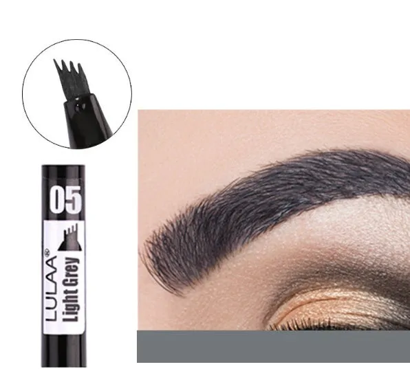 Liquid eyebrow pencil with black tube, four-claw pen head, and hard refill design in brown shade