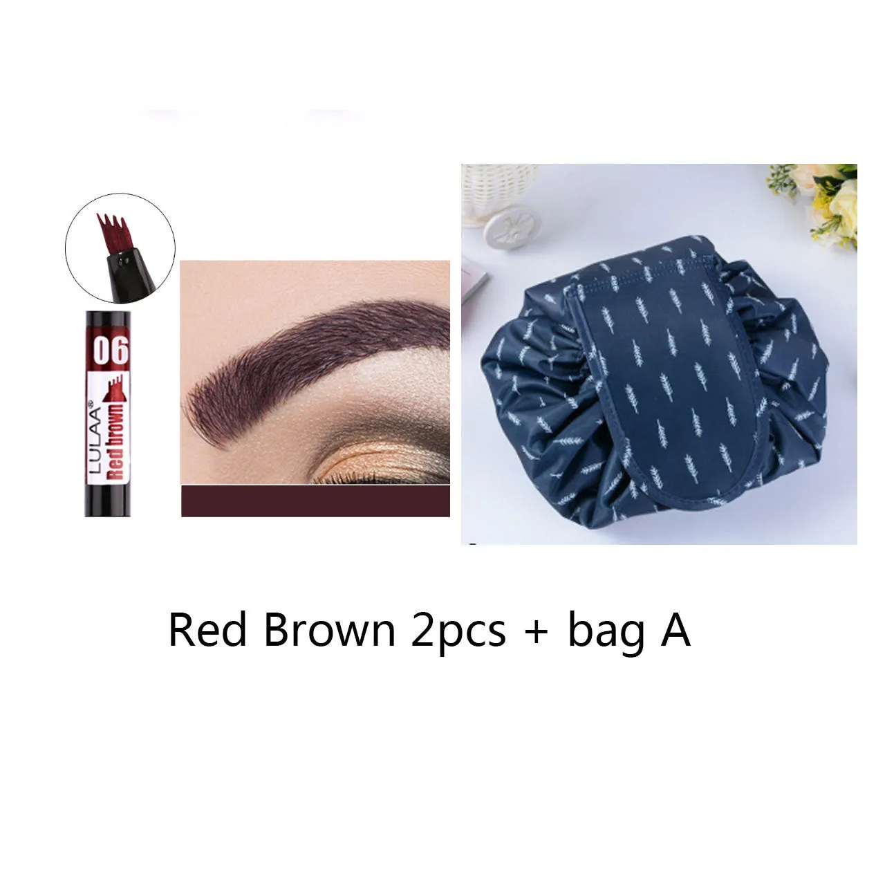 Liquid eyebrow pencil with black tube, four-claw pen head, and hard refill design in brown shade
