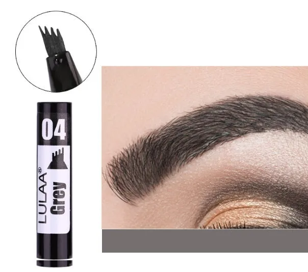 Liquid eyebrow pencil with black tube, four-claw pen head, and hard refill design in brown shade
