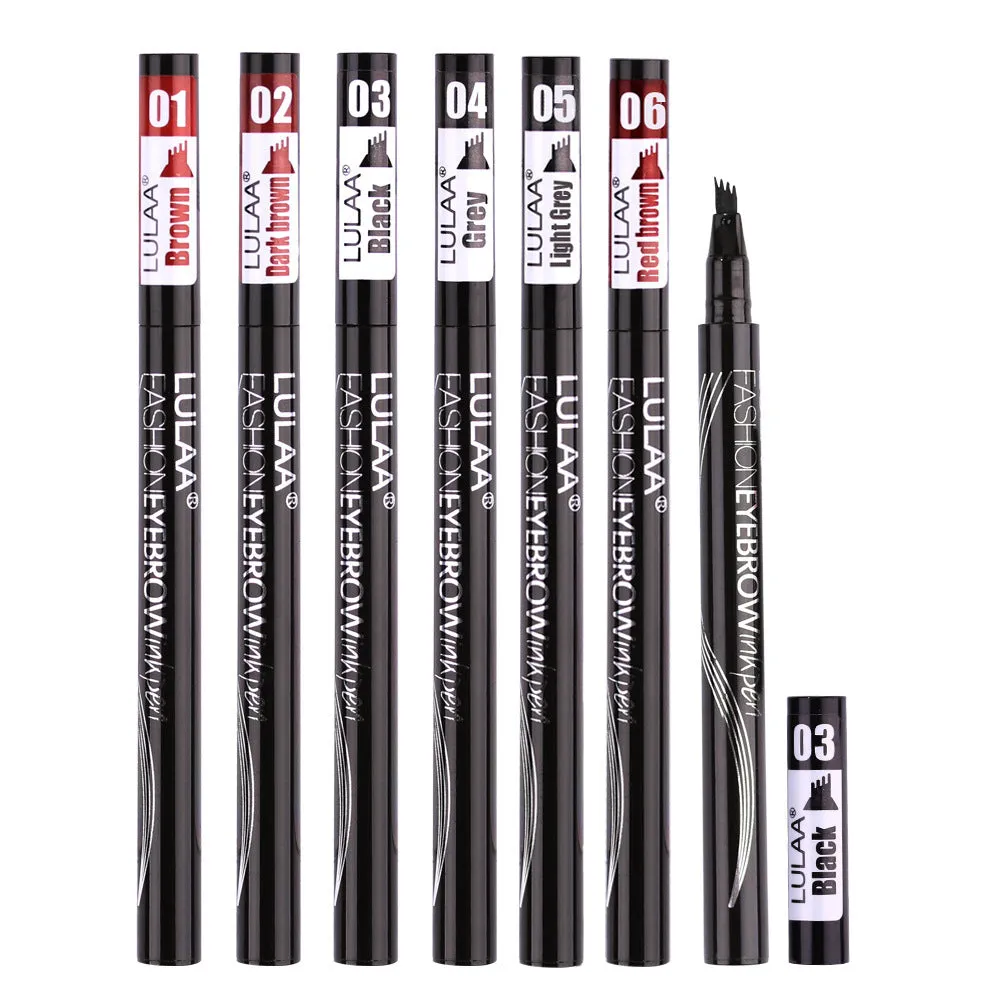 Liquid eyebrow pencil with black tube, four-claw pen head, and hard refill design in brown shade