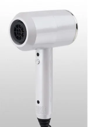 Hotel hammer hair dryer in grey with dual voltage 1800-2000W, three speeds, and two air nozzles plus diffuser