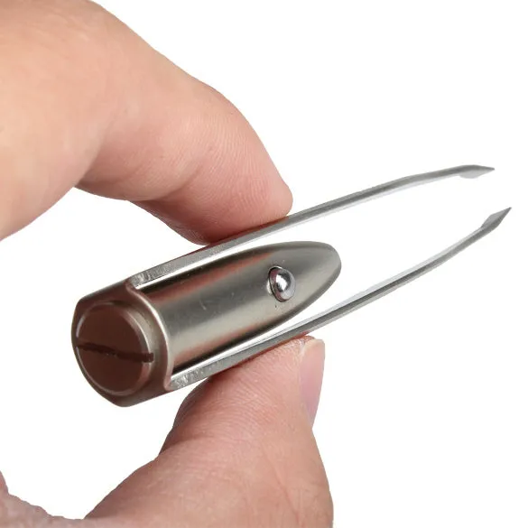 Stainless steel LED light tweezer with push-button switch for eyebrow hair removal, 83mm length