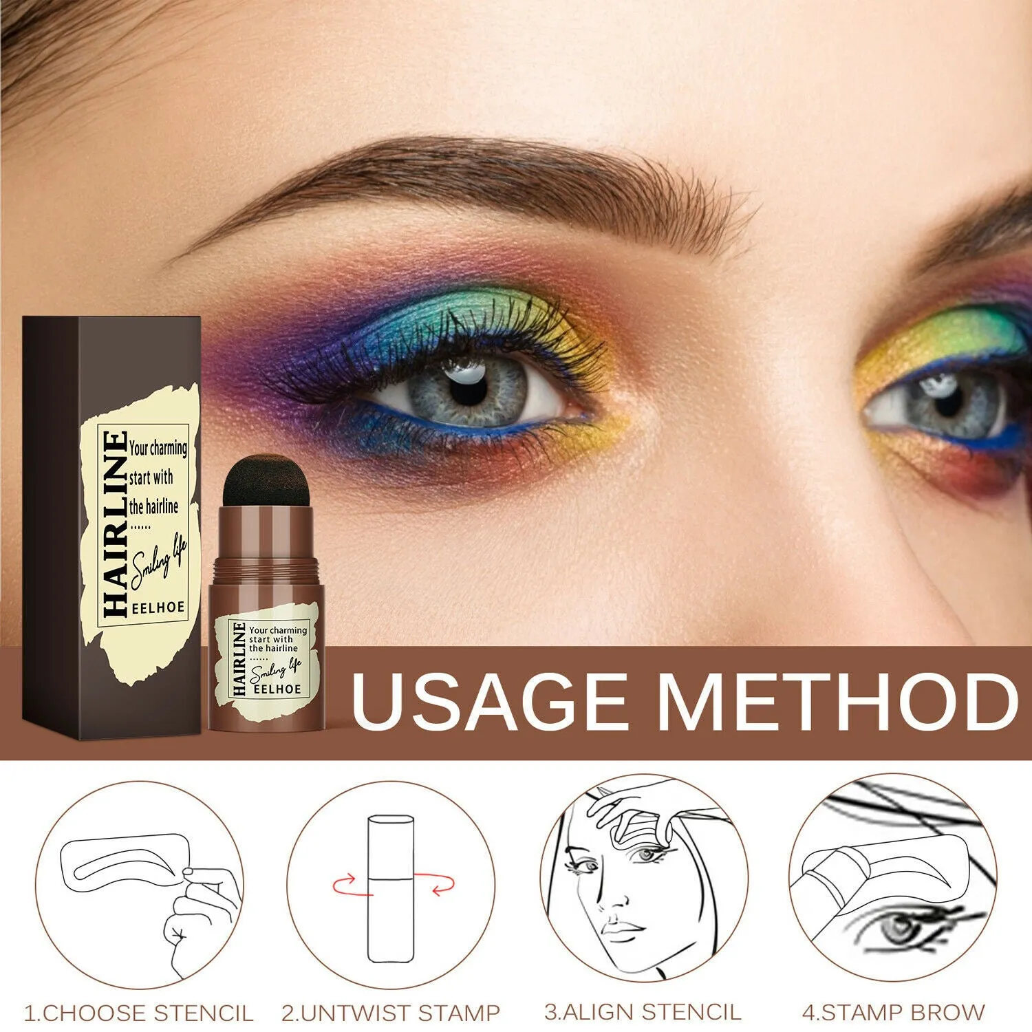24-piece eyebrow stamp stencil kit with airbrush stamp, 24 stencils, and 4-colour powder on a white background