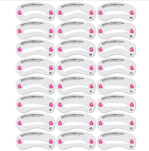 24-piece eyebrow stamp stencil kit with airbrush stamp, 24 stencils, and 4-colour powder on a white background