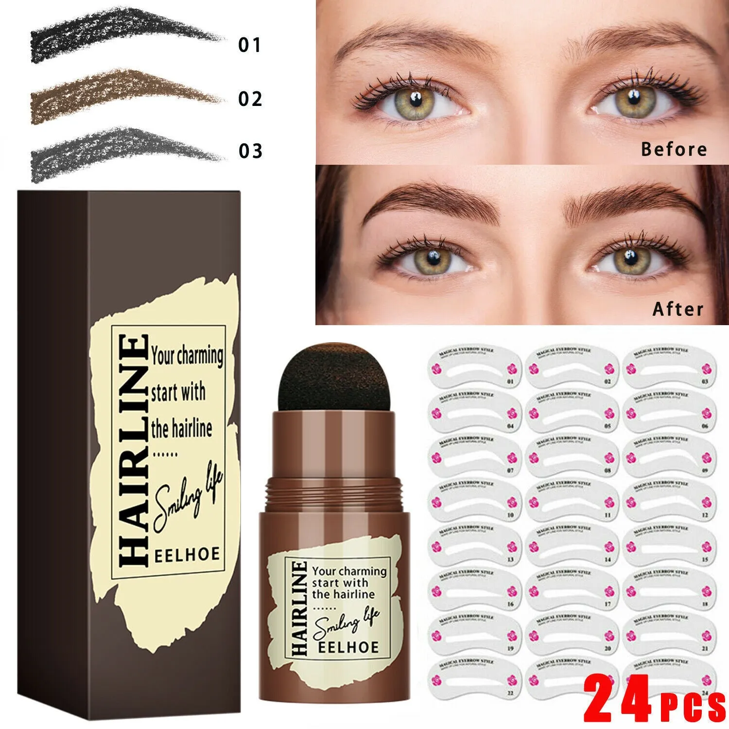 24-piece eyebrow stamp stencil kit with airbrush stamp, 24 stencils, and 4-colour powder on a white background