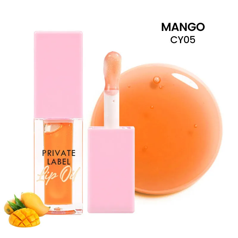 Natural transparent lip gloss tube in six fruit shades: bird of paradise, cherry, coral, mango, strawberry, watermelon