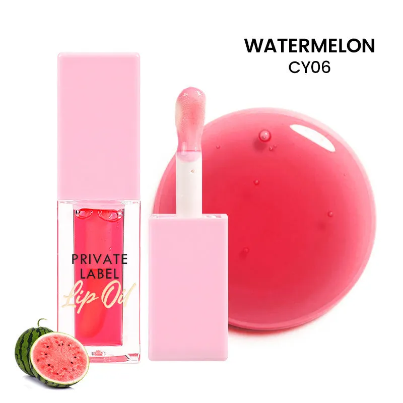 Natural transparent lip gloss tube in six fruit shades: bird of paradise, cherry, coral, mango, strawberry, watermelon