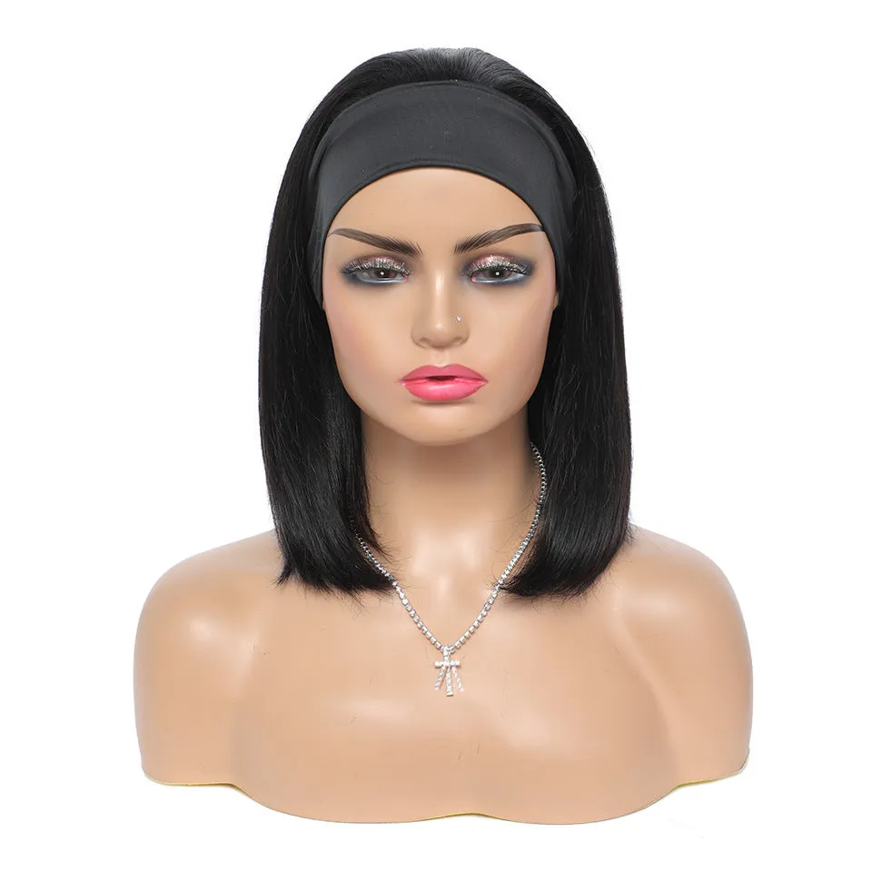 Human hair headband bob wig straight 150% density 14 inch 1B natural colour on mannequin
