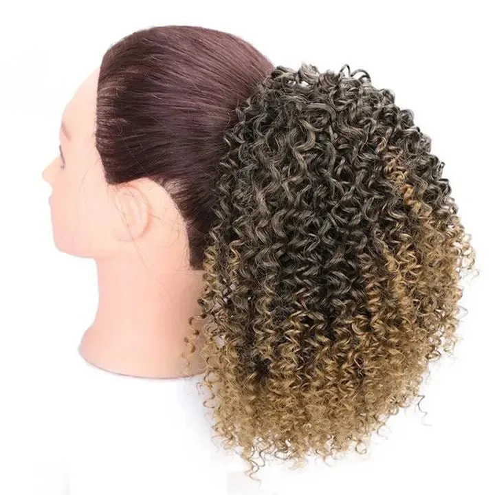 Women's African drawstring stretch small curly wig in 8 inch length, chemical fibre, colour 1b black